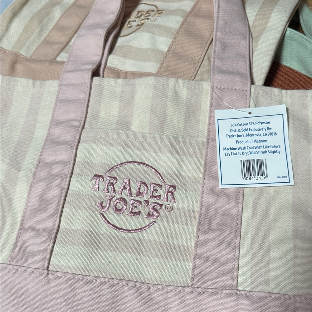 Trader Joe's Pink Striped Canvas Tote Bag